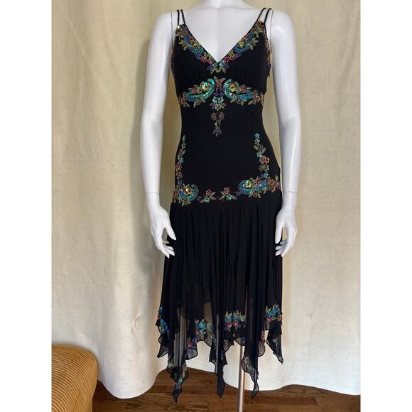 Sue Wong Y2K Sz 6 Black Beaded Drop Waist Fairy Core Whimsygoth Asymmetrical Hem - Picture 2 of 14